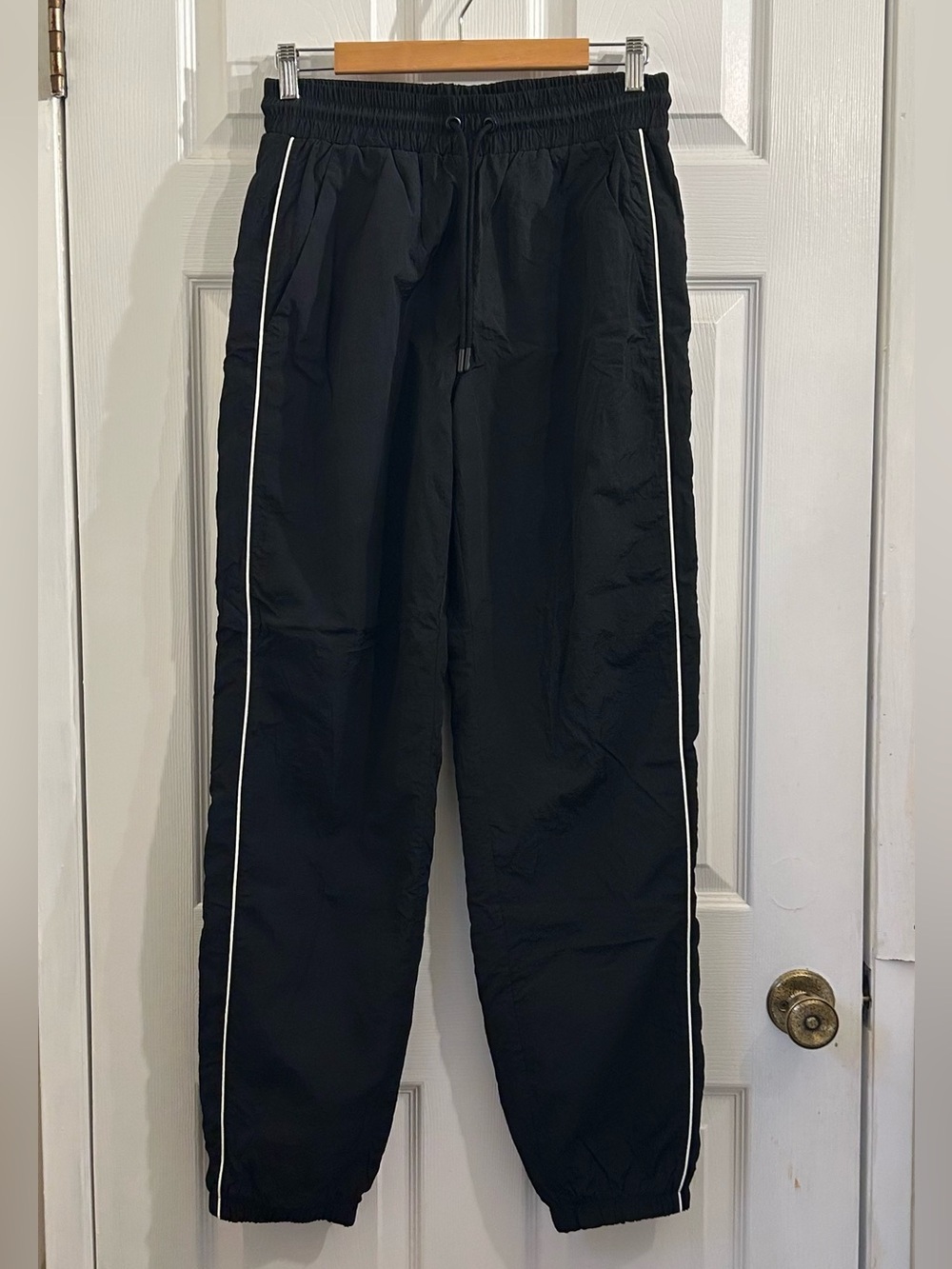 Garage Black Nylon Track Pants White Piping Joggers Drawstring Elastic Cuff S